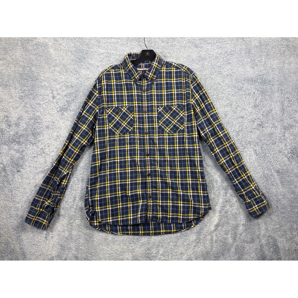 Tommy Hilfiger Mens L Blue Yellow Plaid Button Down Shirt Long Sleeve Cotton